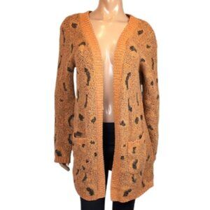 Woven Heart Open Longline Cardigan Sweater Fuzzy Leopard Print Winter Knit